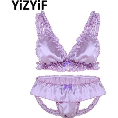 Sexy Gay Men Underwear Set Bikini Bra Top with Bare Bum Briefs Sexy Skirted Underpants Lingerie Sissy Lady Boy Cross Dress