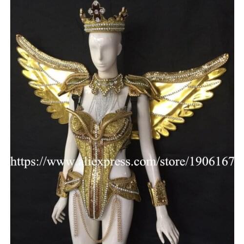 Victoria Catwalk Shows Wings Clothes Sexy Lady Stage Performance Party Dress Gold Color Dance Singer Ballrooom Costume