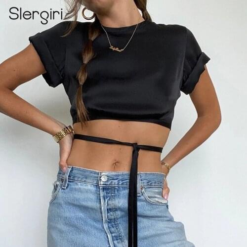 Slergiri Backless Mock Neck Tie Crop Top Summer Women Solid Sexy Satin Blouse Streetwear Female Short Sleeve Slim Fit Cropped