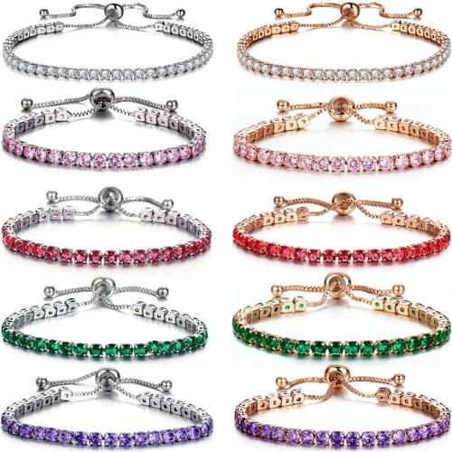 Fashion Color Cubic Crystal Link Tennis Bracelets for Women Sparkling Strand Bracelet Men Adjustable Bangle Girl Wedding Jewelry