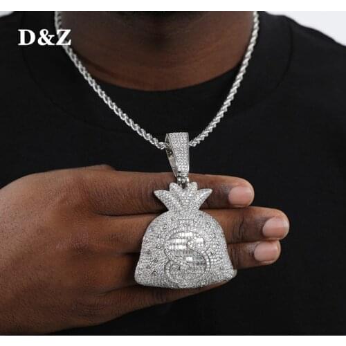 D&Z New US Dollar Money Bag Men Pendant Necklace with Tennis Chain Gold Silver Color Hip Hop Charm Necklace Bead Jewelry