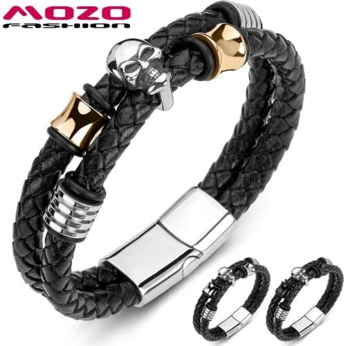 Mens Bracelet Braided Leather Rope Chain Stainless Steel Skull Male Punk Bangle Skeleton Jewelry