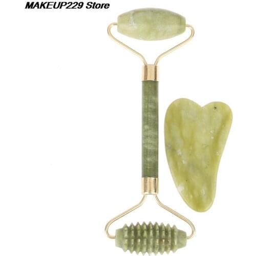 1 Set Natural Jade Roller Facial Massager Stone Face Roller Guasha Massage Board Guasha Tool Jade Roller Guasha Massage Board