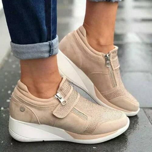 New Winter Womens Wedge Heel Crystal Fashion Comfortable Side Zipper Casual Ladies Shoes