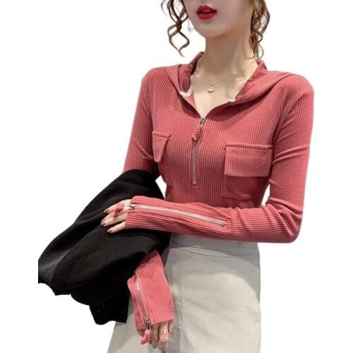 2021 New Western Style Hooded Top Fashion Loose Zip Bottoming Shirt Womens Spring and Autumn Inner Wear Long Sleeve T-shirt