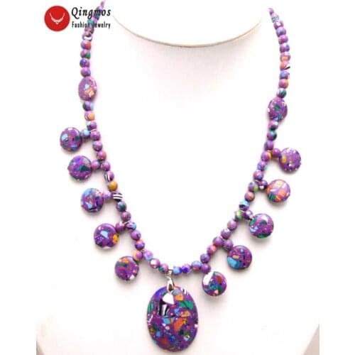 Qingmos 30*40mm Oval Stripe Natural Purple Agates Pendant Necklace for Women with Stone Bracelet Earring Jewelry Set