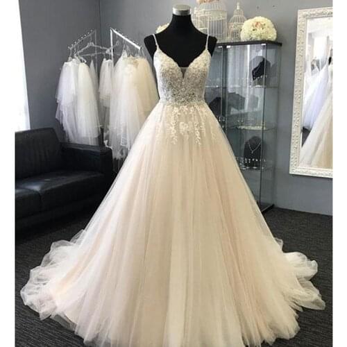 Ivory Lace Appliques Tulle Beaded Wedding Dresses V-Neck Spaghetti Straps A-Line Bridal Dress Long Wedding Gowns 2020