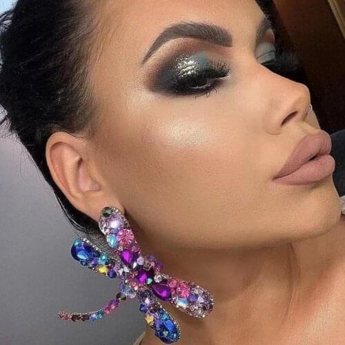 Luxury Multicolors Crystal Rhinestone Big Dragonfly Style Dangle Earrings Geogous Girls' Statement Earrings Accessories Hot Sale