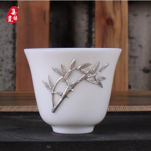 Suet jade white porcelain inlaid with tin tea cup ceramic kung fu master cup upscale tea set supplies