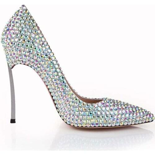 Wedding Shoes Pointed Toe High-heeled Colorful Rhinestone Wedding Shoes Genuine Leather Crystal Diamonds Pumps 105mm Heel
