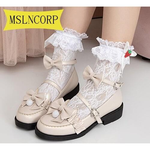 Big Size 34-43 Lolita Shoes Kawaii Shoes Little Fluffy Ball Bowknot Student Mary Jane Shoes Platform Cosplay LoliShoes High Heel