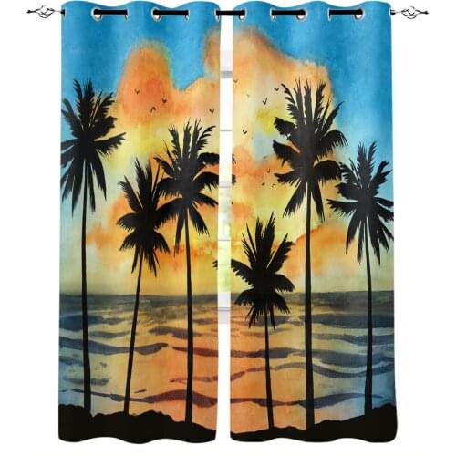Beach Sunset Palm Trees Watercolor Window Curtains Home Decor Kitchen Draperies Window Curtain Living Room Curtains for Bedroom