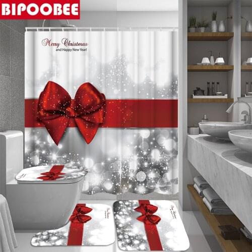 Snowflake Red Bow Print Shower Curtain Merry Christmas Bathroom Curtains Festival Decor Bath Mats Toilet Lid Cover Non-slip Rugs