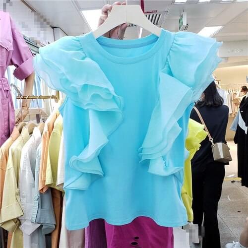Three-Dimensional Large Ruffled Stitching Casual Round Neck Sleeveless T-shirt Womens Temperamental All-Match Top Summer 2021