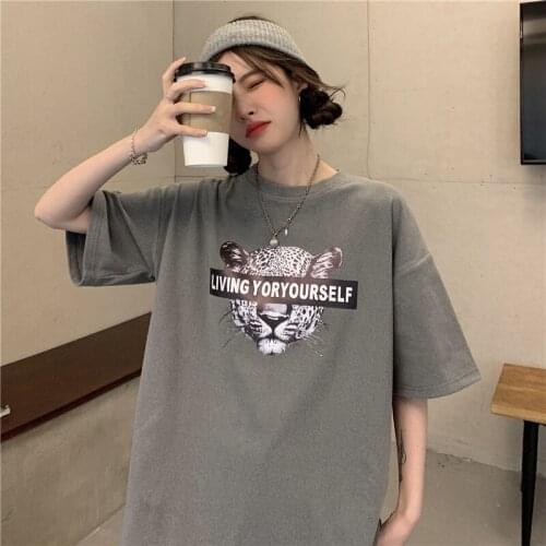 Summer retro cheetah print short-sleeved printed t-shirt womens half-sleeved loose top T-shirt all-match female