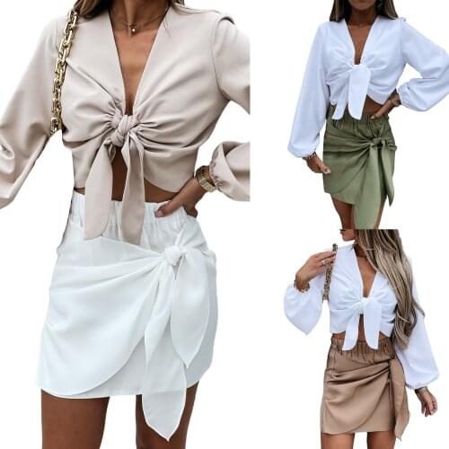 2021 Women Summer Miniskirt Solid Color Elastic Middle-Waist Knotted Strappy Short Skirt for Girls White/Khaki/Green
