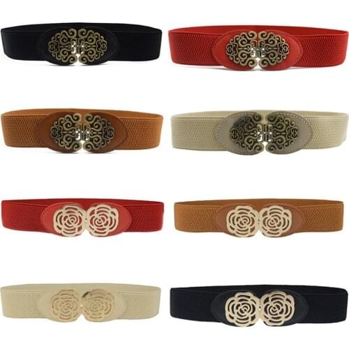 Women Lady Vintage Rose Flower Buckle Faux Leather Belt Skinny Stretch Waistband BLTHG0006