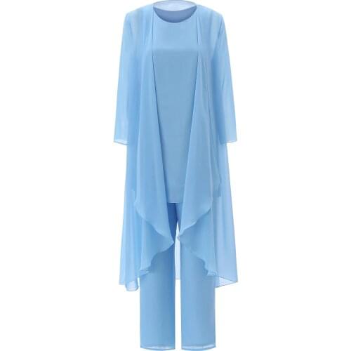 Long Sleeves Tea Length Outfit Jacket 3 Pieces Mother of the Bride Dress Pant Suits Womens Chiffon Solid Simple Blue Set Suit