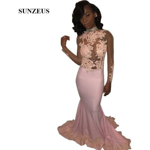 Pink Mermaid Prom Dress Long Sleeves O-neck Appliques Sexy Party Gowns For Black Girls Jersey Long Vestidos Prom 2019