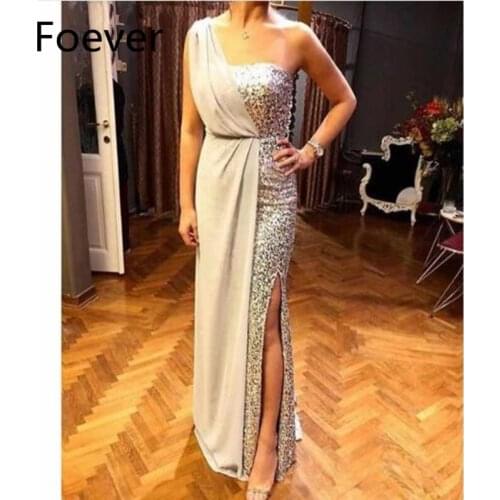 Vestidos Elegant Brush Train Sequin Gown One Shoulder High Leg Slit Silver Gray Evening Dress 2019