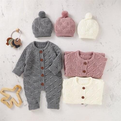 2Pcs Baby Autumn Outfit, Solid Color Long Sleeves Rompers + Knitted Beanie Hat for Toddlers, Girls, Boys, 0-18 Months