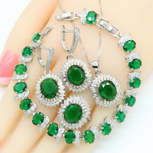 2021 Green Stones Dubai Silver Color Bridal Jewelry Sets For Women Bracelet Earrings Necklace Pendant Rings Gift Box