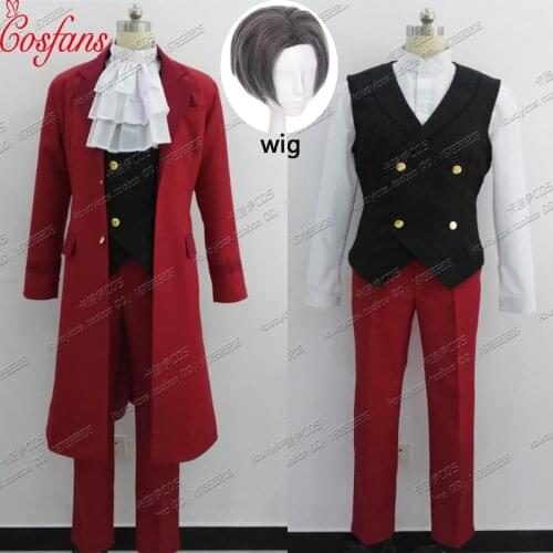 6PCS Ace Attorney Miles Edgeworth Red Suit Outfit men Cosplay Costume Full Set Halloween Cosplay Costume and wig custom made