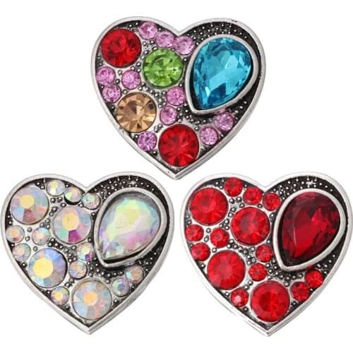 6pcs/lot New Snap Button Jewelry Silver Color Rhinestone Love Heart 18mm Snap Buttons Fit Snap Bracelet Necklace For Women