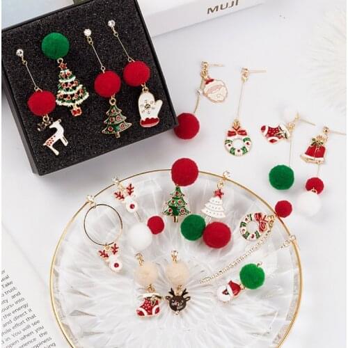 925 silver needle Christmas new asymmetric fur ball earrings fashion Santa Claus tree snowman Elk Bell Earrings