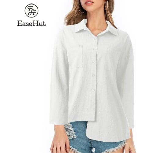 EaseHut Autumn Women Long Sleeve Blouse Button Down Pockets Irregular Hem Loose Casual Solid Shirt White Linen Shirt Female