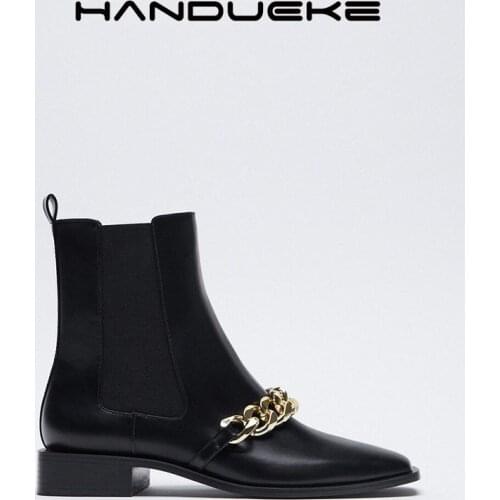 2021New Fashion Gold Metal Chain Martin Chelse Boots Women Black Winter Shoes Leather Warm Short Boots European American Style