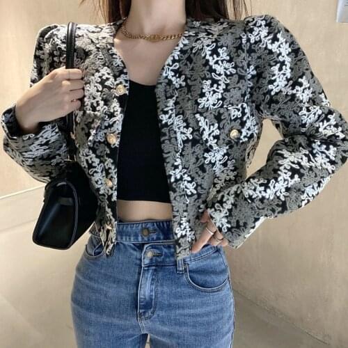 Black Chic Floral Small Jacket Female Spring And Autumn Korean Retro Fashion All-match Casual Round Neck Embroidered Short Coat