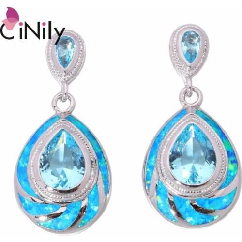 CiNily Created Blue Fire Opal Blue Stone Silver Plated Wholesale Water Drop for Women Jewelry Gift Drop Earrings 1 1/4" OH4385