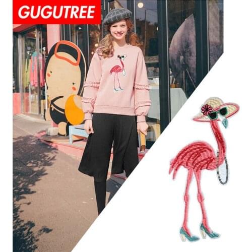GUGUTREE embroidery Sequins big flamingo cartoon animal patches badges applique patches for clothing YYC-19121081
