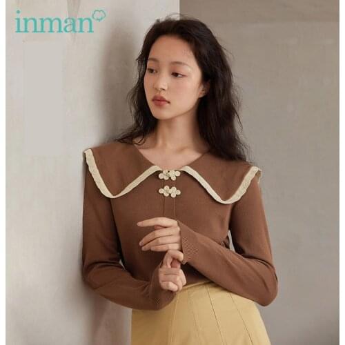 INMAN Autumn Womens Knitted Top Sweet Color Contrast Lapel Retro Chinese Buttons Lapel Pullover Female Sweater