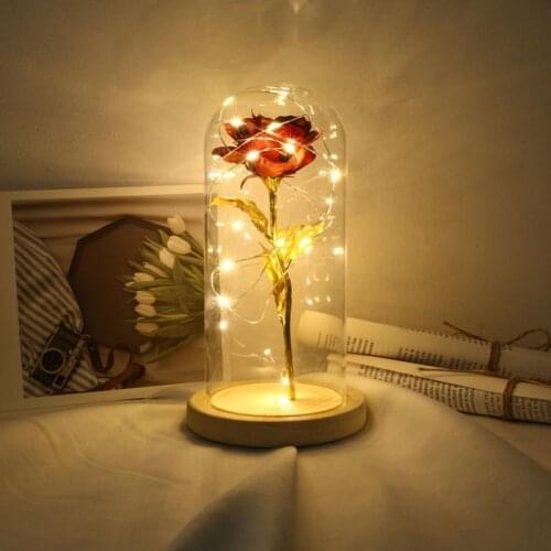 Artificial Flower Glass In Cover With Lights Beauty The Beast Home Decoration Rose Wedding Mothers Day Gift For Lady Birthday