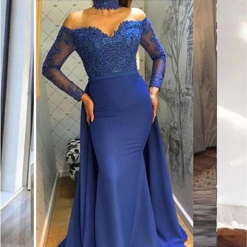 Royal Blue Mermaid Evening Dresses Long Sleeves Boat Neckline Satin Lace Beading Floor Length Evening Dress Formal Party Gowns