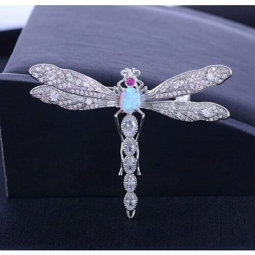 Creative Silver Color Brooch Artificial Opal Dragonfly Brooches Pins Cute Animal Insect Zircon Jewelry Pin Broche Christmas Gift