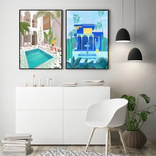 Morocco Wall Art Prints Travel Posters Marrakech Riad Jardin Majorelle Landscape Canvas Painting Nordic Wall Pictures Home Decor