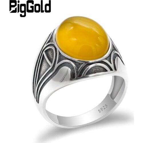 Real 925 Sterling Silver Men Ring with Yellow Natural Onyx Stone Ring Vintage Thai Silver Turkish Handmade Jewelry for Man Women