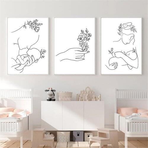 Abstract Flower Hand Posters Dad Mom Baby Line Drawing Canvas Print Family Portrait Wall Art Painting Pictures Kids Room Decor