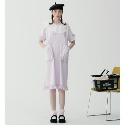 Imakokoni original lace stitching short-sleeved cotton t-shirt skirt mid-length dress 2021 new summer 213348