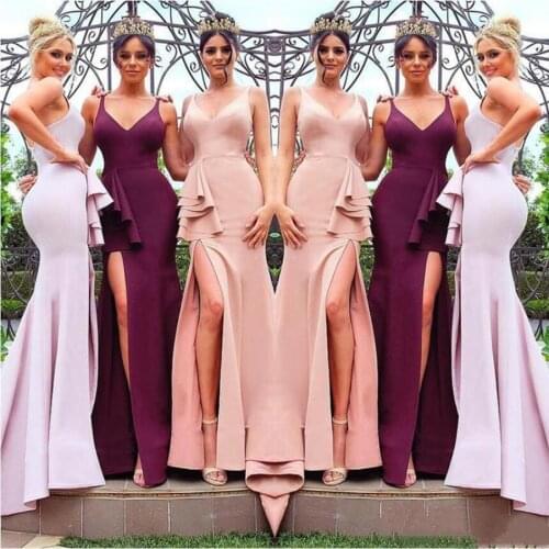 Bridesmaid Dresses 2020 Blush Pink Long Bridesmaid Dresses V Neck Front Split Mermaid Maid of Honor Gown Burgundy Floor Length
