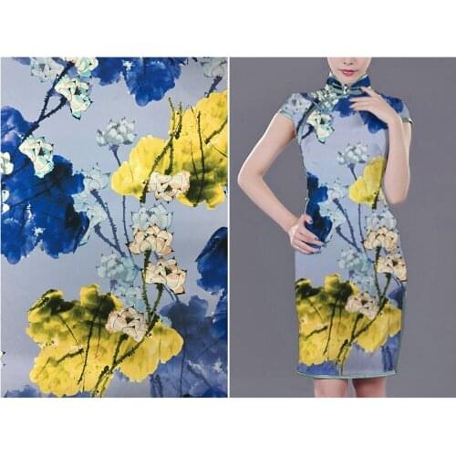 Hand-painted lotus inkjet Chinese style heavy silk digital printing natural mulberry silk high fashion dress cheongsam fabric