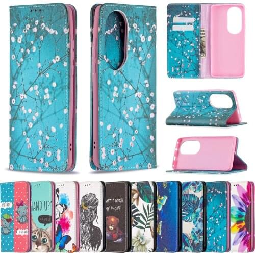 Cute Painted Flower Leather Case For Huawei P50 Pro P30 P40 Lite Etui Full Protect Cover Flip Card Solt Kickstand Phone Fundas