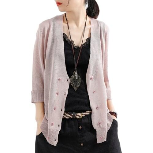 Thin Knitted Women Sweaters And Cardigan 2021 Summer New V-Neck Long-Sleeved Loose Casual Female Outwear Coat Tops