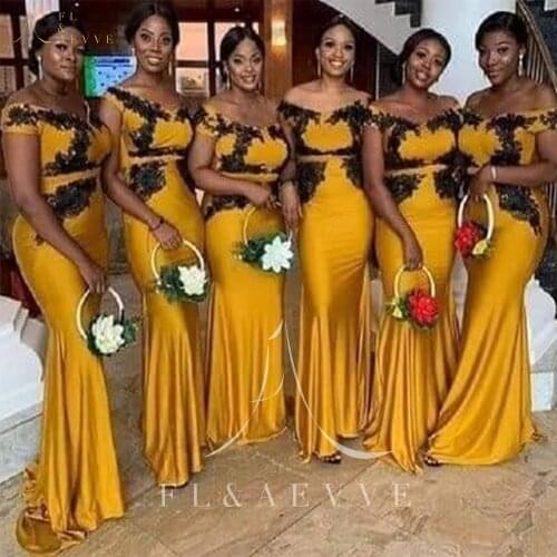 Vintage Gold Satin Mermaid Bridesmaid Dresses Black Appliques Wedding Party Gowns Plus Size Women Occasion Dresses Prom Gowns