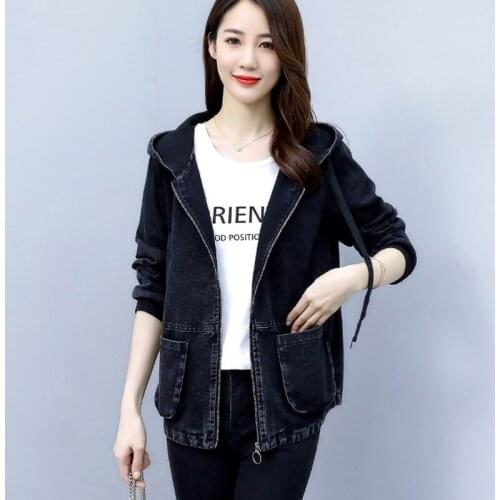 Denim Jacket Hooded Short Womens Clothing Spring Autumn 2021 New Korean Loose Fashion Embroidery Letters Coat Veste Jeans Femme