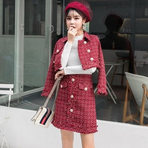 2021 Autumn Winter Women Fashion Gold Double-Breasted Tweed Short Jacket Coat + High Waist Tassels Skirt Set Red Plaid Suit