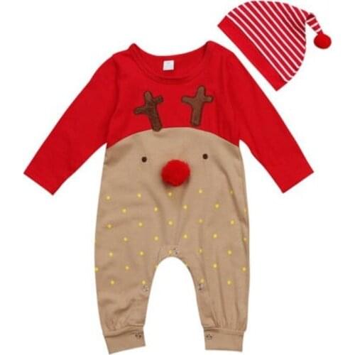 2PCS/set Newborn Infant Baby Boys Girl Reindeer Clothes Hat Cotton Cute Romper Pullover Jumpsuit Outfit Christmas Costume Set